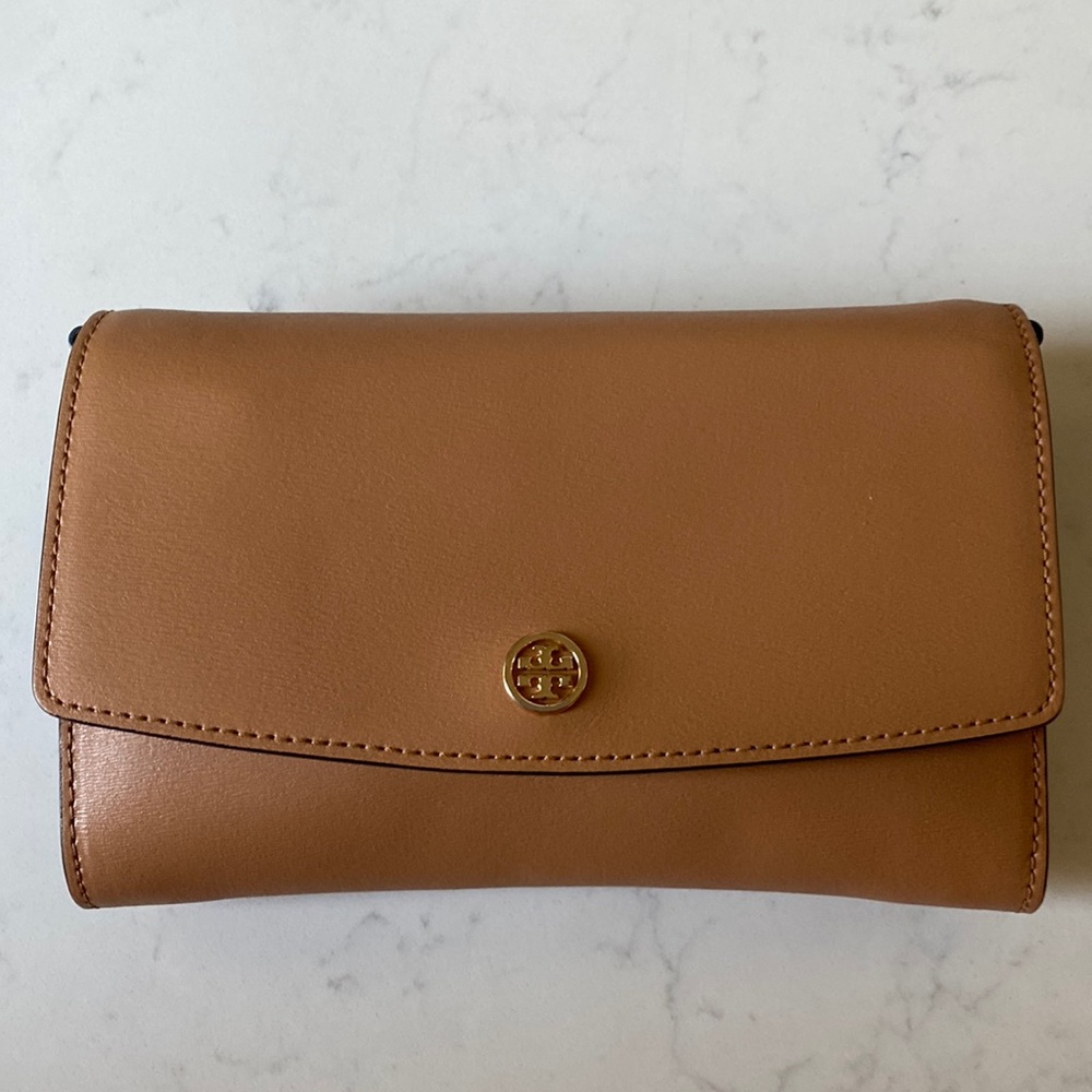 Tory Burch tan leather bag with braided gold and leather removable strap.